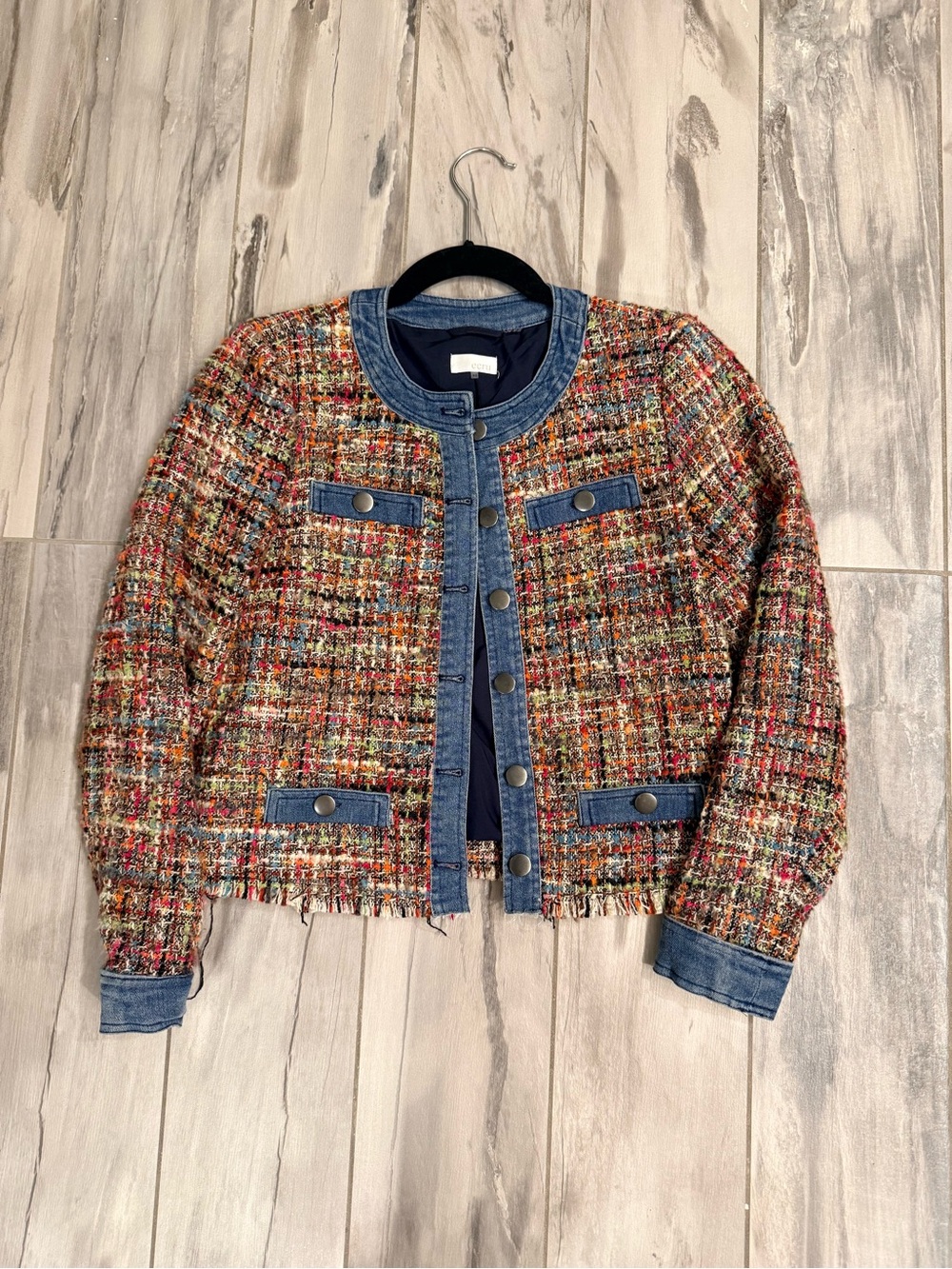 ecru Blue Denim-Trim Tweed Jacket